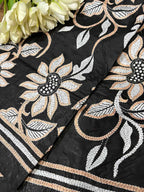 Exquisite Black Hand Embroidered Flower Design Kantha Pure Silk Dupatta - Luxurion World
