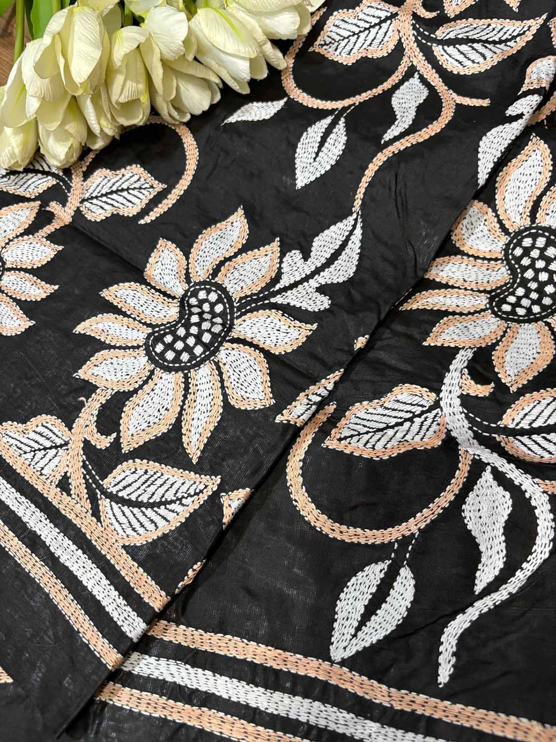 Exquisite Black Hand Embroidered Flower Design Kantha Pure Silk Dupatta - Luxurion World