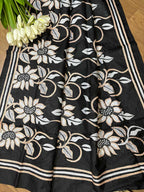 Exquisite Black Hand Embroidered Flower Design Kantha Pure Silk Dupatta - Luxurion World
