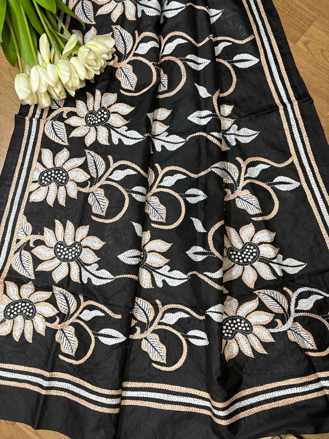 Exquisite Black Hand Embroidered Flower Design Kantha Pure Silk Dupatta - Luxurion World