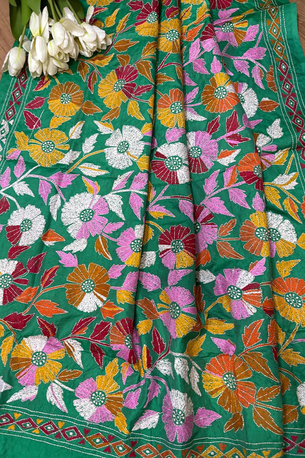 Green Hand Embroidered Flower Design Kantha Pure Silk Dupatta - Luxurion World