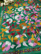 Green Hand Embroidered Flower Design Kantha Pure Silk Dupatta - Luxurion World- Crafted Heirlooms