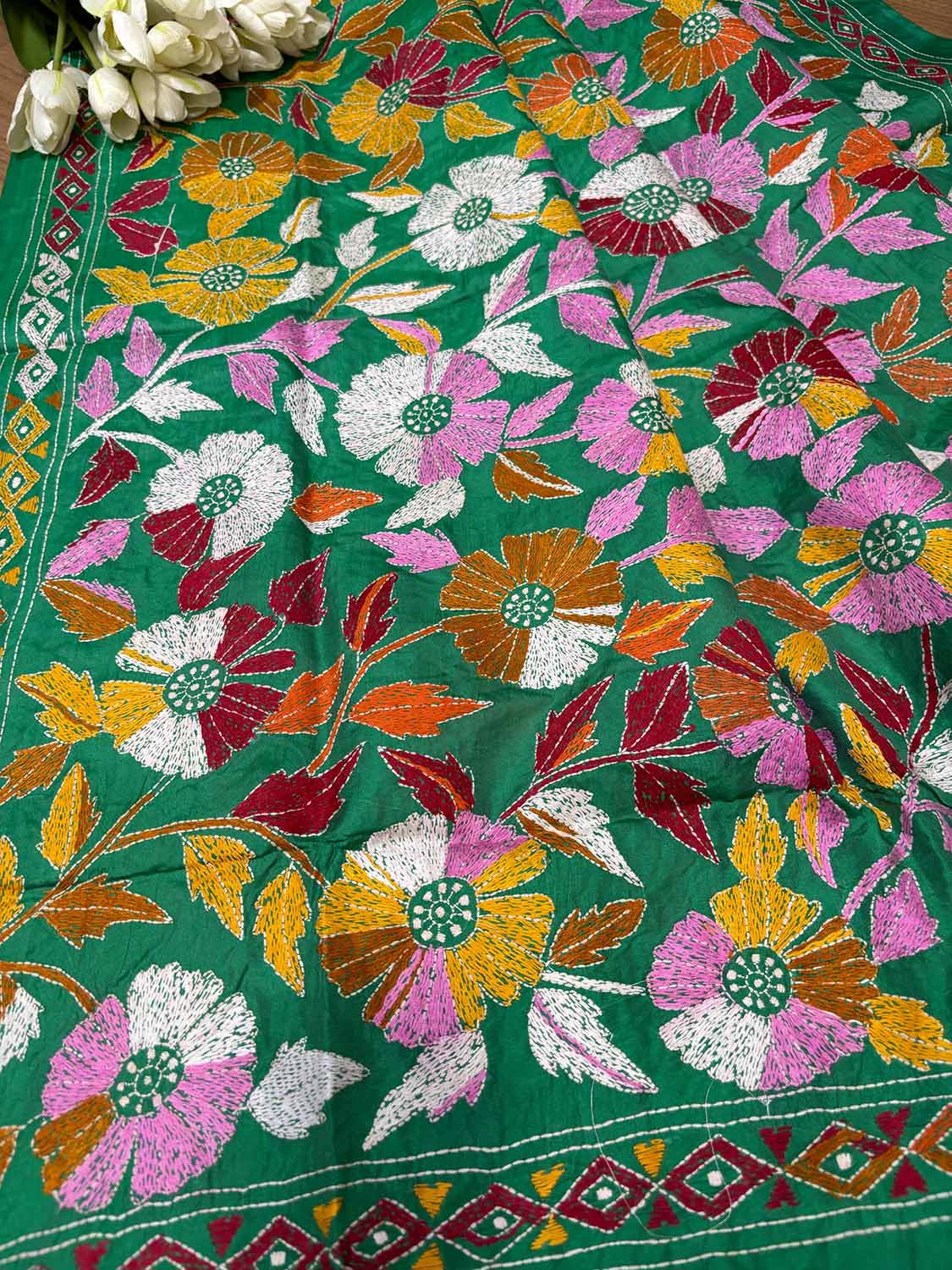 Green Hand Embroidered Flower Design Kantha Pure Silk Dupatta - Luxurion World- Crafted Heirlooms
