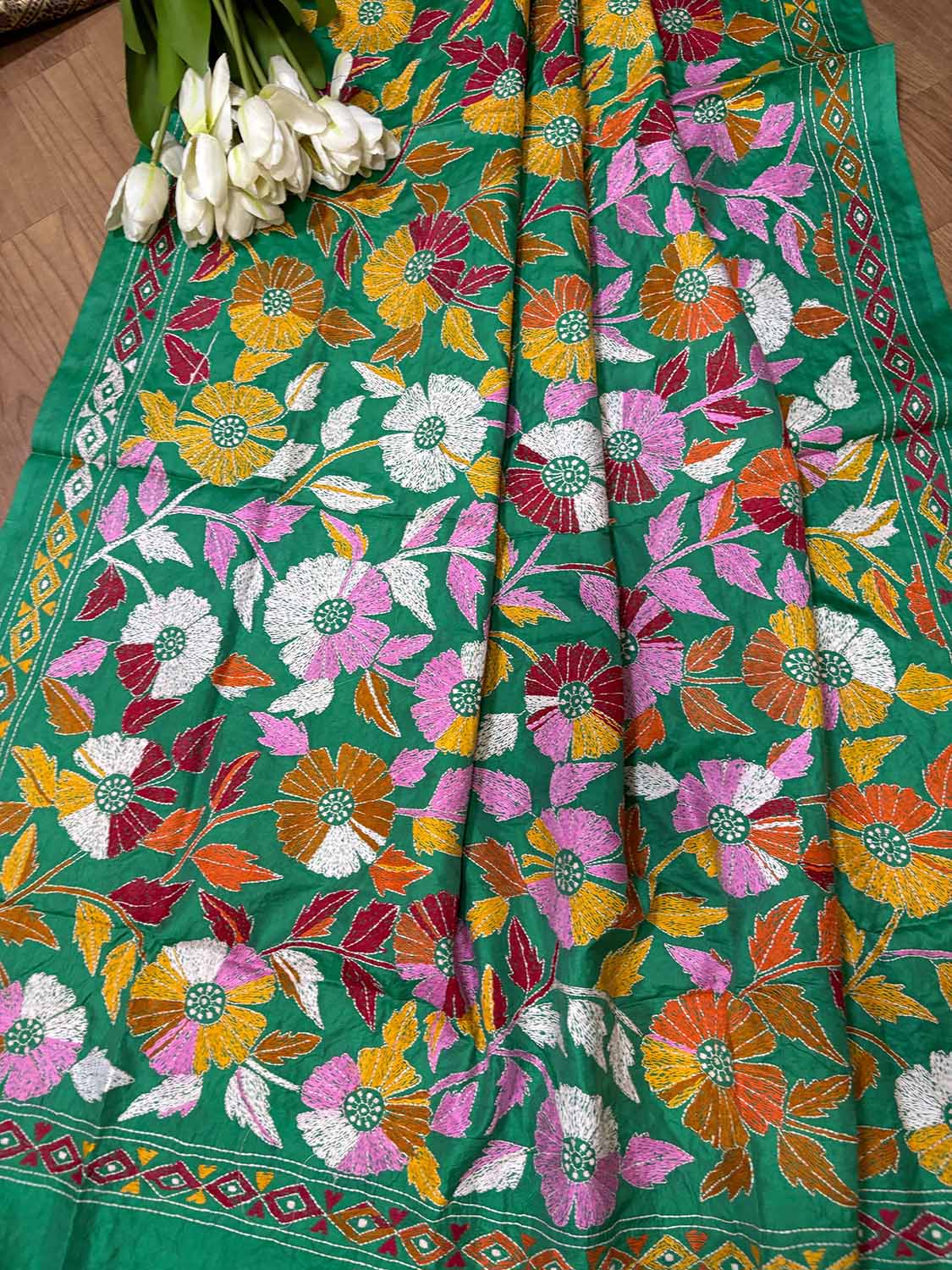 Green Hand Embroidered Flower Design Kantha Pure Silk Dupatta - Luxurion World- Crafted Heirlooms