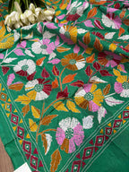 Green Hand Embroidered Flower Design Kantha Pure Silk Dupatta - Luxurion World- Crafted Heirlooms