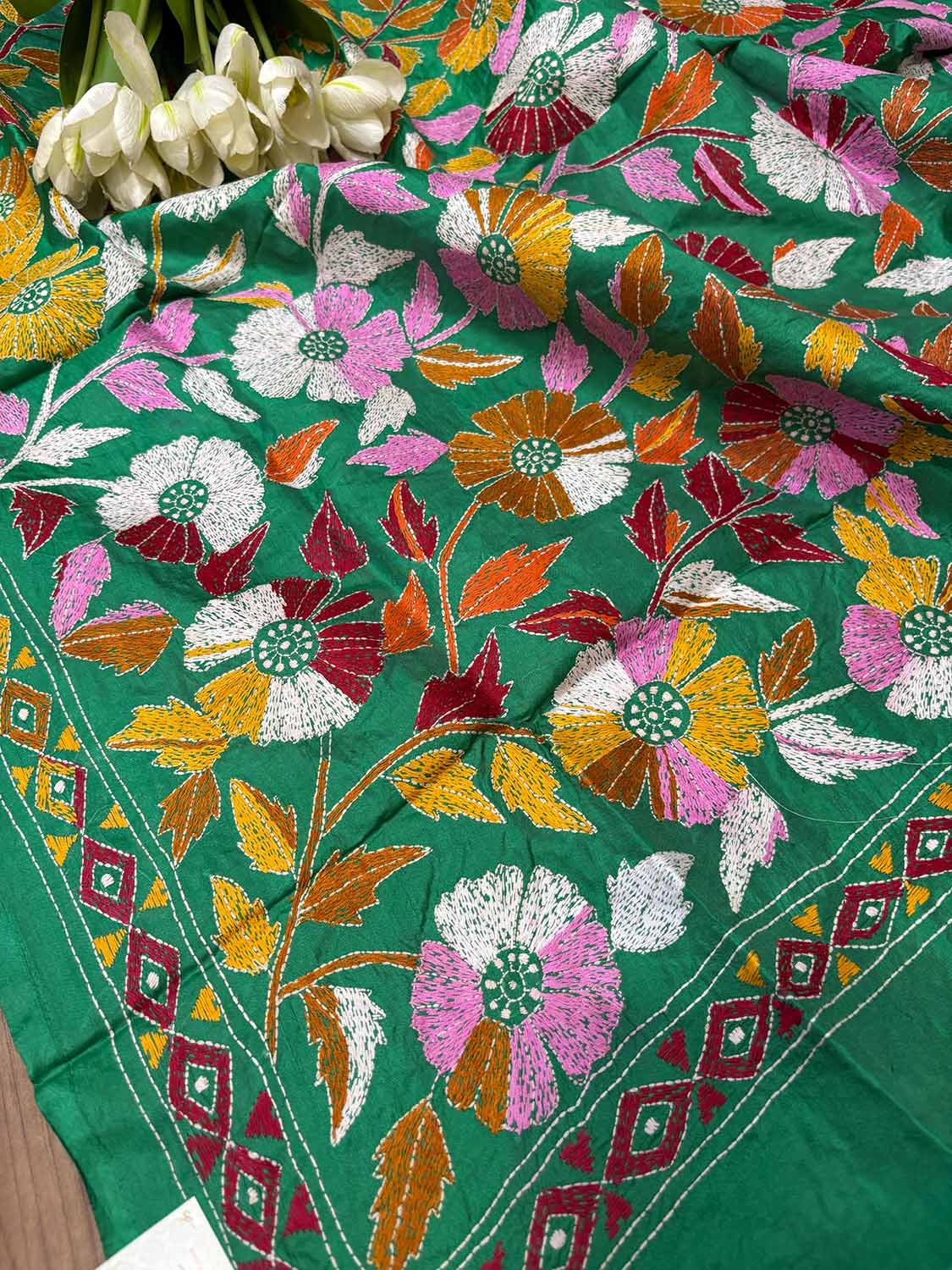 Green Hand Embroidered Flower Design Kantha Pure Silk Dupatta - Luxurion World- Crafted Heirlooms