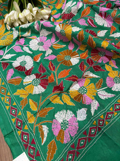 Green Hand Embroidered Flower Design Kantha Pure Silk Dupatta - Luxurion World
