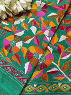 Green Hand Embroidered Flower Design Kantha Pure Silk Dupatta - Luxurion World- Crafted Heirlooms