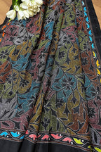Exquisite Black Hand Embroidered Reversible Kantha Pure Silk Dupatta - Luxurion World