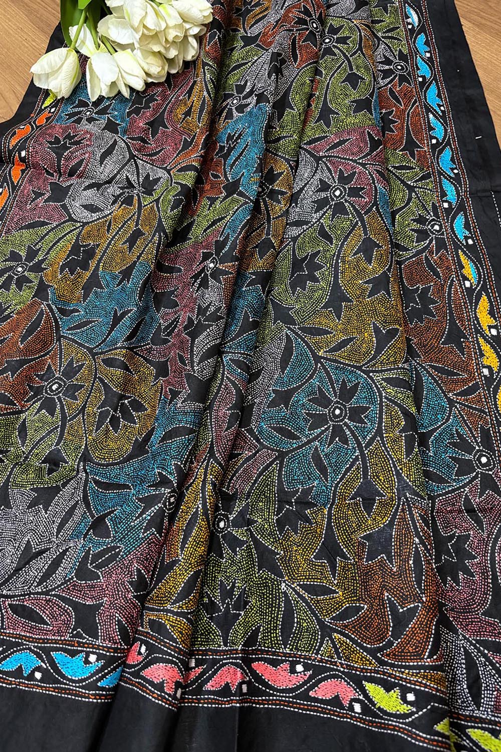 Exquisite Black Hand Embroidered Reversible Kantha Pure Silk Dupatta - Luxurion World
