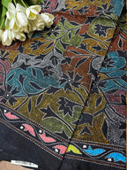 Exquisite Black Hand Embroidered Reversible Kantha Pure Silk Dupatta - Luxurion World