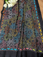 Exquisite Black Hand Embroidered Reversible Kantha Pure Silk Dupatta - Luxurion World