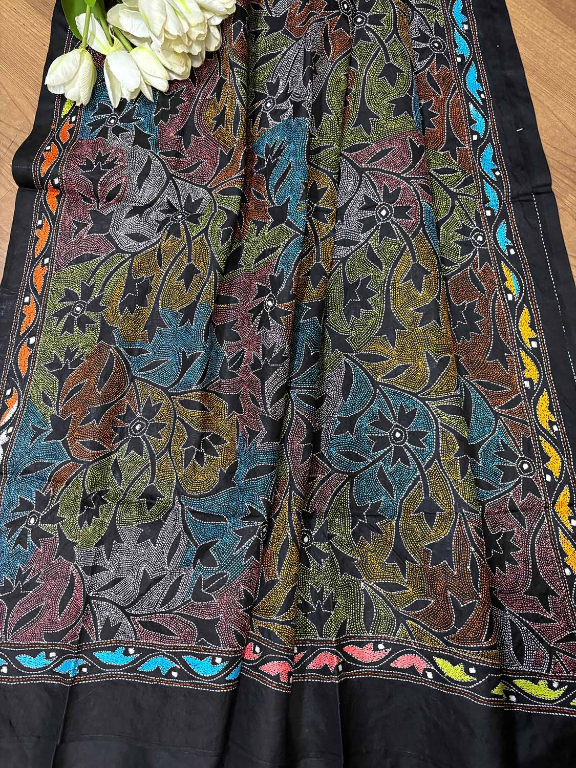 Exquisite Black Hand Embroidered Reversible Kantha Pure Silk Dupatta - Luxurion World