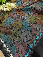Exquisite Black Hand Embroidered Reversible Kantha Pure Silk Dupatta - Luxurion World