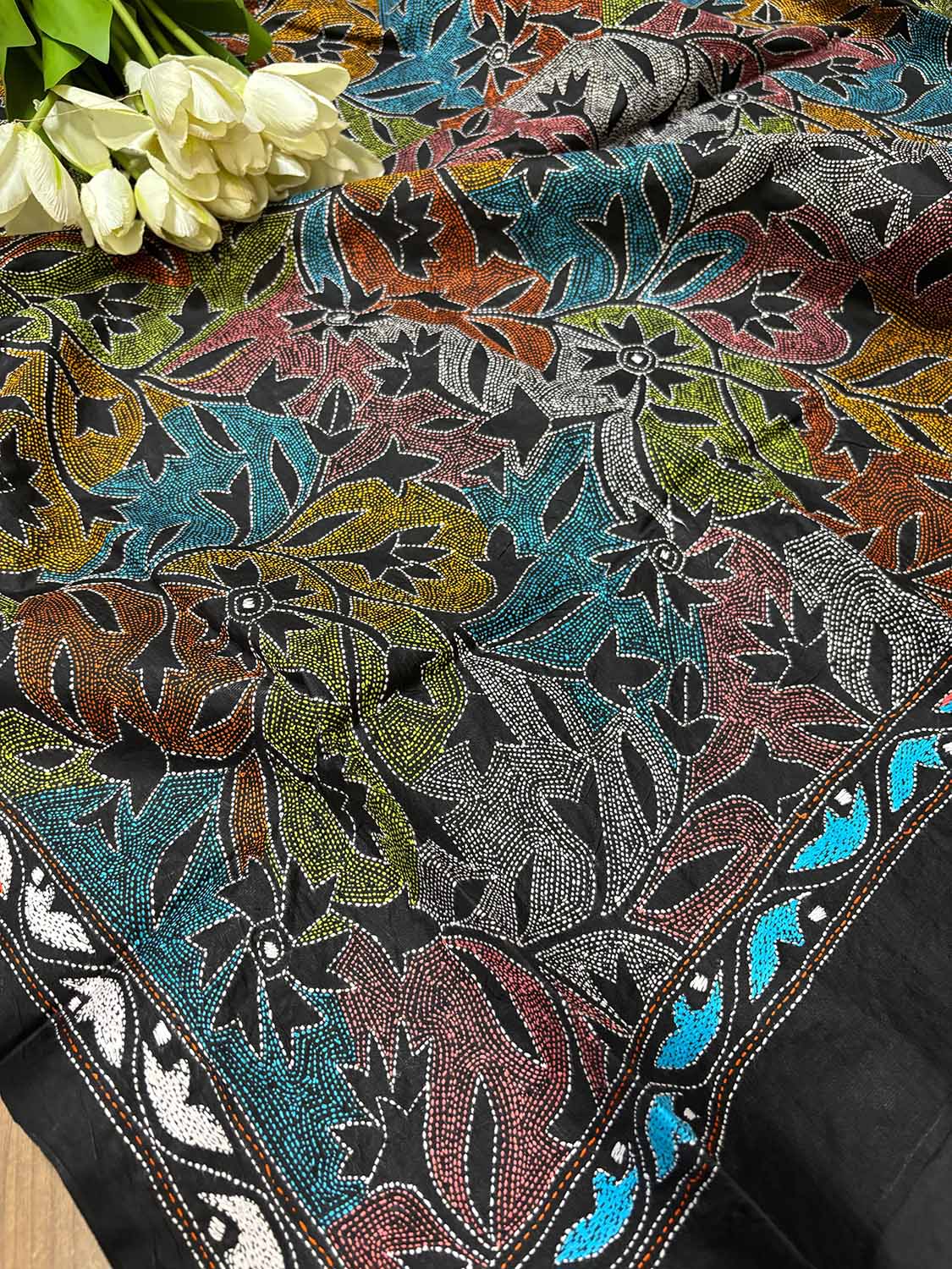 Exquisite Black Hand Embroidered Reversible Kantha Pure Silk Dupatta - Luxurion World