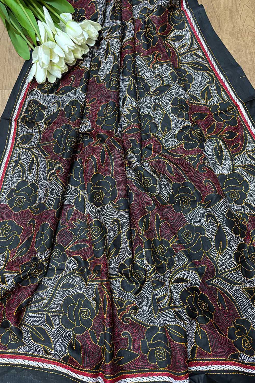 Exquisite Black Hand Embroidered Reversible Kantha Pure Silk Dupatta - Luxurion World