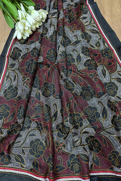 Exquisite Black Hand Embroidered Reversible Kantha Pure Silk Dupatta - Luxurion World