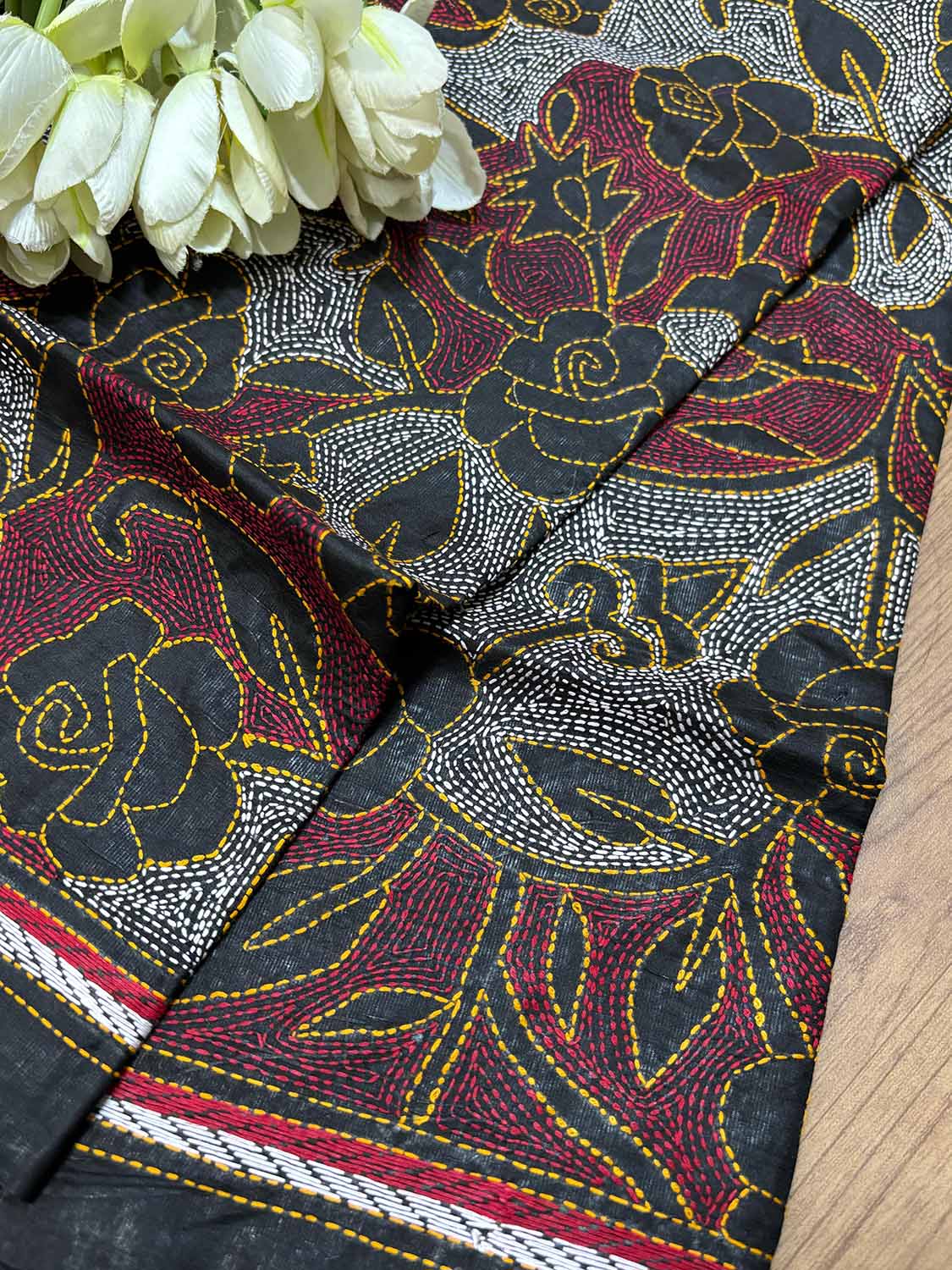 Exquisite Black Hand Embroidered Reversible Kantha Pure Silk Dupatta - Luxurion World