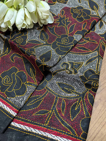 Exquisite Black Hand Embroidered Reversible Kantha Pure Silk Dupatta - Luxurion World