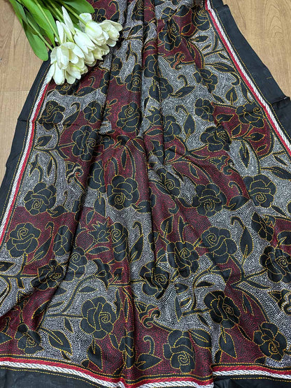 Exquisite Black Hand Embroidered Reversible Kantha Pure Silk Dupatta - Luxurion World
