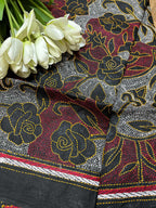 Exquisite Black Hand Embroidered Reversible Kantha Pure Silk Dupatta - Luxurion World