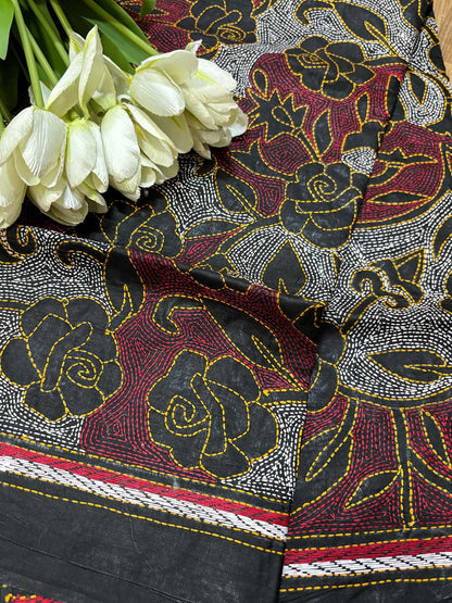 Exquisite Black Hand Embroidered Reversible Kantha Pure Silk Dupatta - Luxurion World