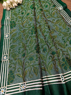 Green Hand Embroidered Reversible Kantha Pure Silk Dupatta - Luxurion World