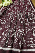Maroon Hand Embroidered Warli Design Kantha Pure Silk Dupatta - Luxurion World- Crafted Heirlooms