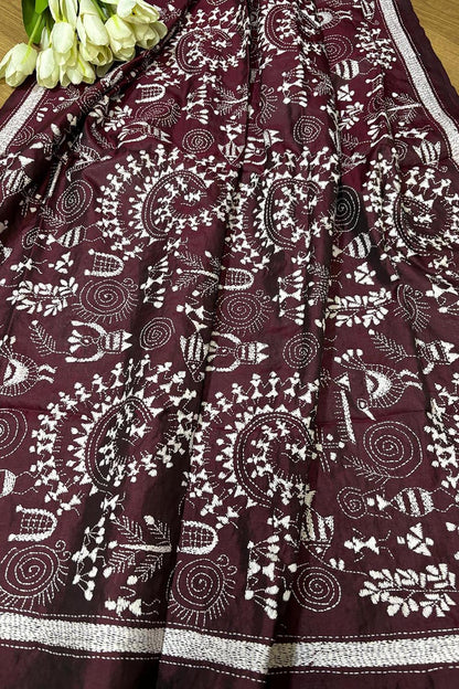 Maroon Hand Embroidered Warli Design Kantha Pure Silk Dupatta - Luxurion World
