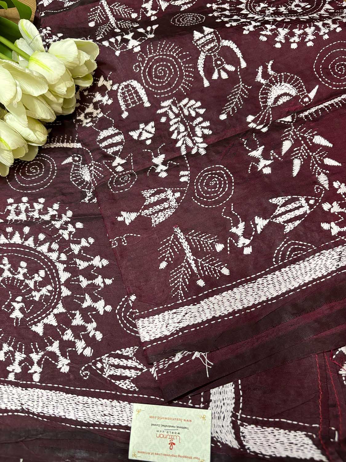 Maroon Hand Embroidered Warli Design Kantha Pure Silk Dupatta - Luxurion World