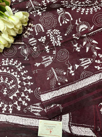 Maroon Hand Embroidered Warli Design Kantha Pure Silk Dupatta - Luxurion World