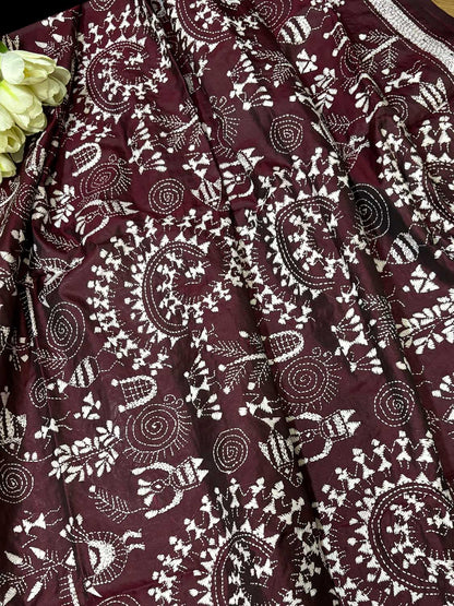 Maroon Hand Embroidered Warli Design Kantha Pure Silk Dupatta - Luxurion World