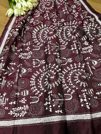 Maroon Hand Embroidered Warli Design Kantha Pure Silk Dupatta - Luxurion World