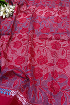 Red Hand Embroidered Kantha Pure Bangalore Silk Dupatta - Luxurion World- Crafted Heirlooms