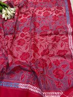 Red Hand Embroidered Kantha Pure Bangalore Silk Dupatta - Luxurion World- Crafted Heirlooms