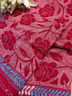 Red Hand Embroidered Kantha Pure Bangalore Silk Dupatta - Luxurion World- Crafted Heirlooms