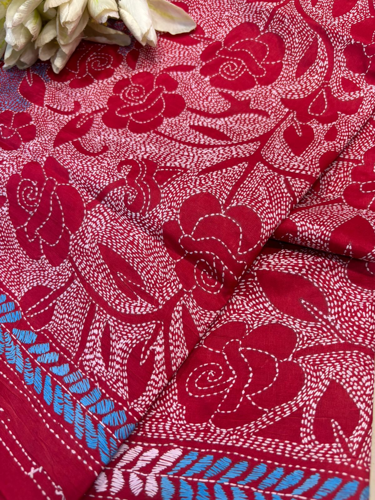 Red Hand Embroidered Kantha Pure Bangalore Silk Dupatta - Luxurion World- Crafted Heirlooms