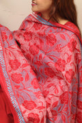 Red Hand Embroidered Kantha Pure Bangalore Silk Dupatta - Luxurion World- Crafted Heirlooms