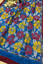 Blue Hand Embroidered Kantha Pure Bangalore Silk Dupatta - Luxurion World