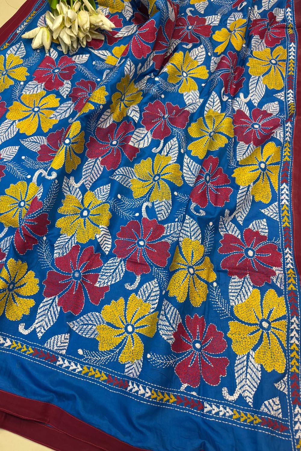 Blue Hand Embroidered Kantha Pure Bangalore Silk Dupatta - Luxurion World