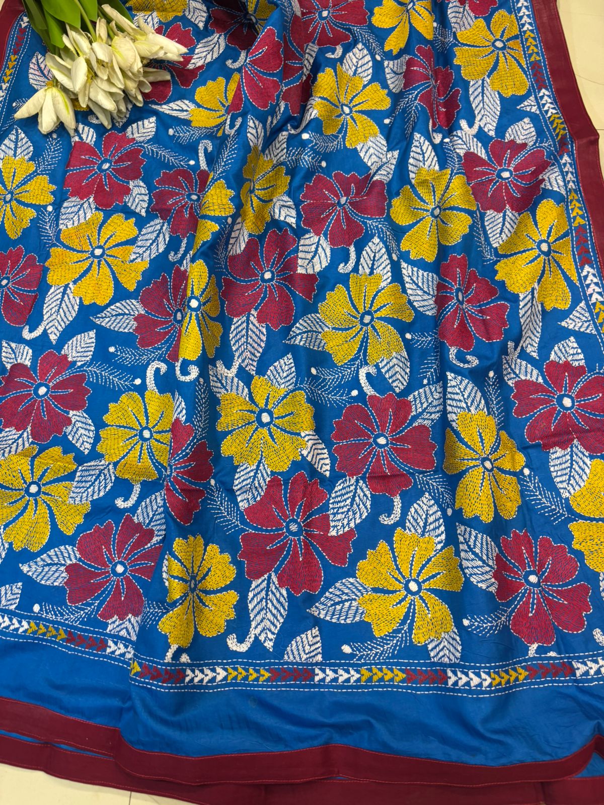 Blue Hand Embroidered Kantha Pure Bangalore Silk Dupatta - Luxurion World