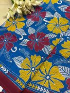 Blue Hand Embroidered Kantha Pure Bangalore Silk Dupatta - Luxurion World
