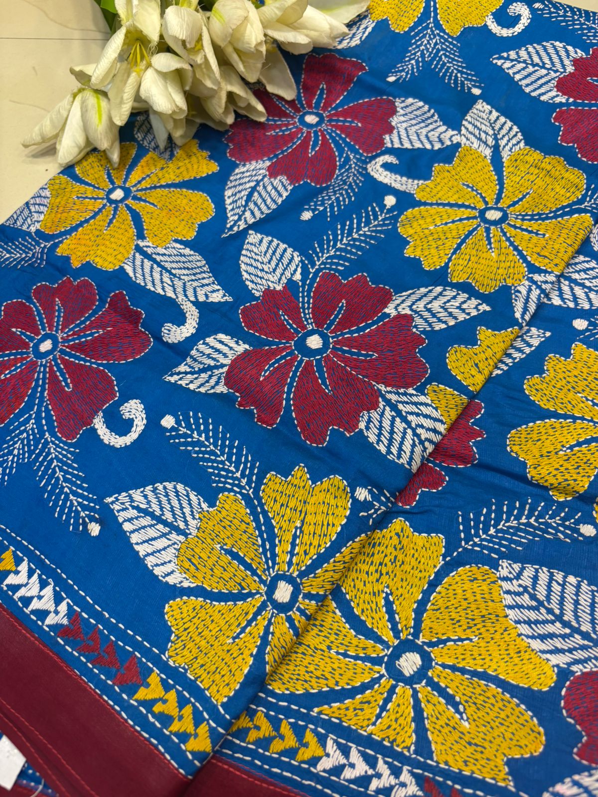 Blue Hand Embroidered Kantha Pure Bangalore Silk Dupatta - Luxurion World