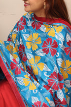 Blue Hand Embroidered Kantha Pure Bangalore Silk Dupatta - Luxurion World