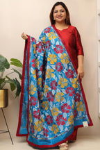Blue Hand Embroidered Kantha Pure Bangalore Silk Dupatta - Luxurion World