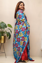 Blue Hand Embroidered Kantha Pure Bangalore Silk Dupatta - Luxurion World