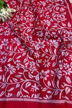 Red Hand Embroidered Kantha Pure Bangalore Silk Dupatta - Luxurion World- Crafted Heirlooms