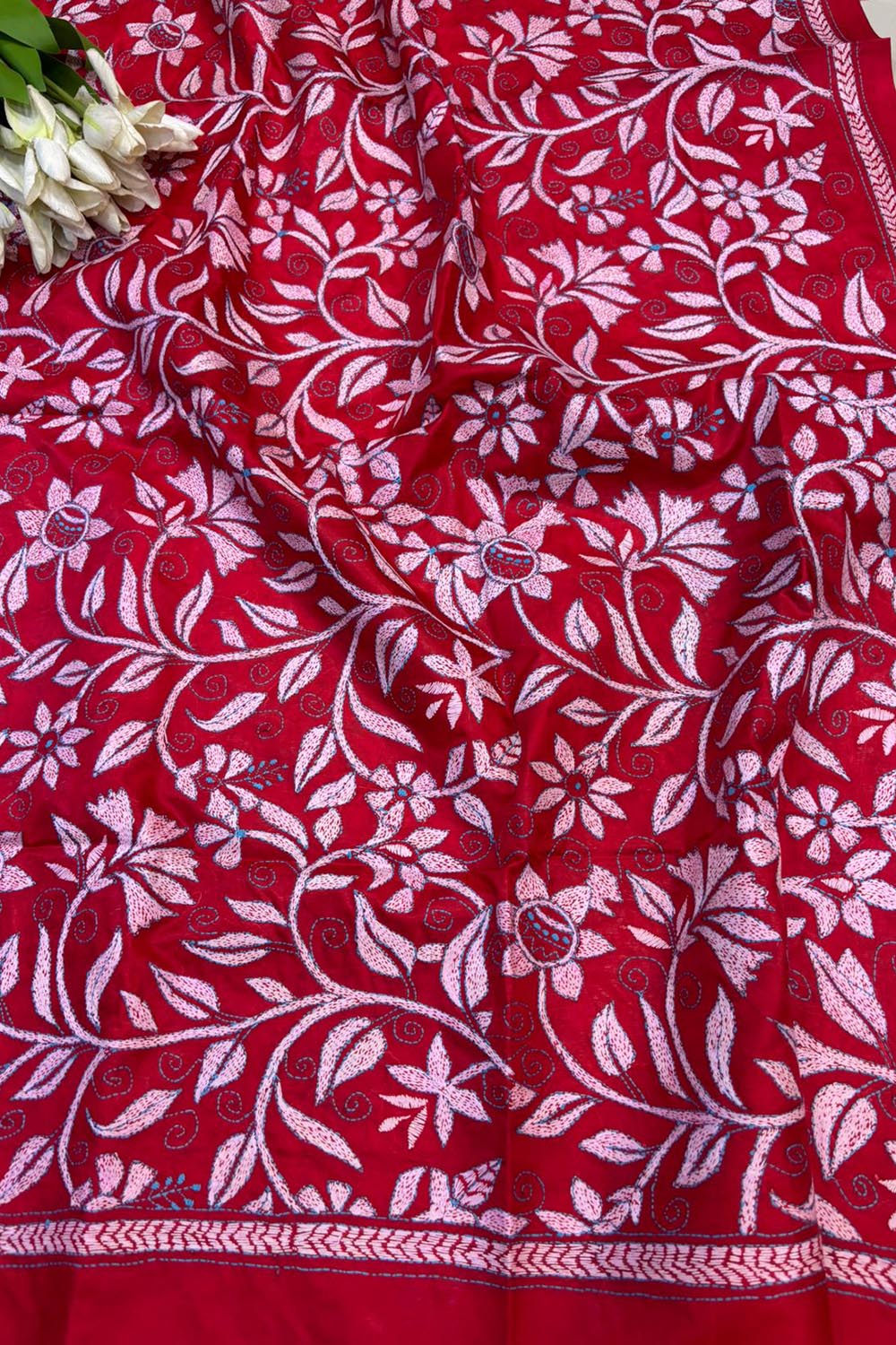 Red Hand Embroidered Kantha Pure Bangalore Silk Dupatta - Luxurion World- Crafted Heirlooms