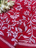 Red Hand Embroidered Kantha Pure Bangalore Silk Dupatta - Luxurion World- Crafted Heirlooms