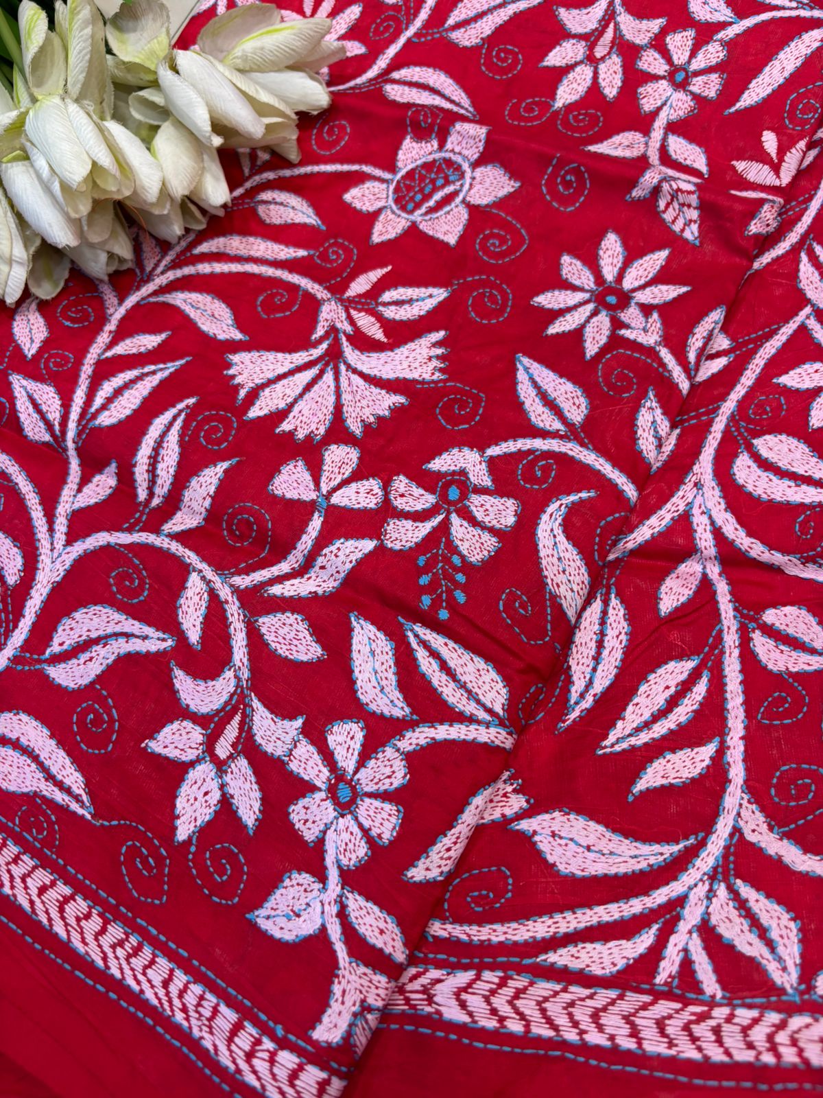 Red Hand Embroidered Kantha Pure Bangalore Silk Dupatta - Luxurion World- Crafted Heirlooms